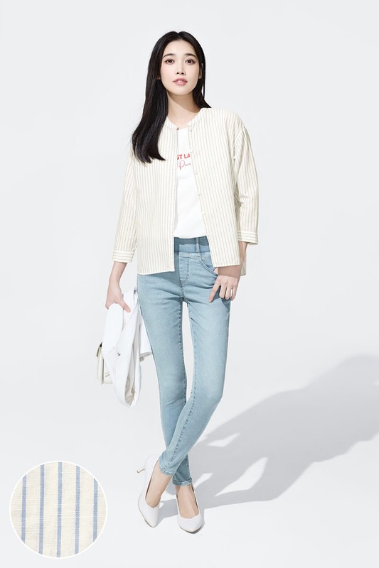 棉麻條紋七分袖襯衫-女