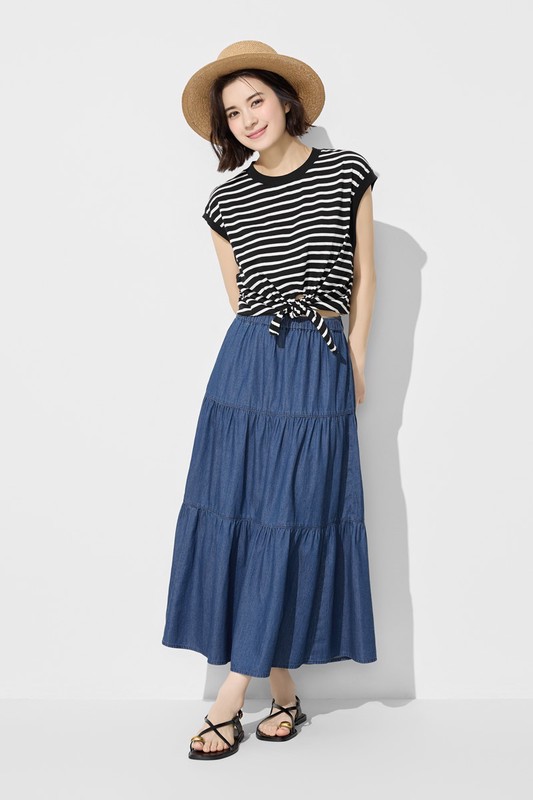 純棉寬版條紋綁帶上衣-女