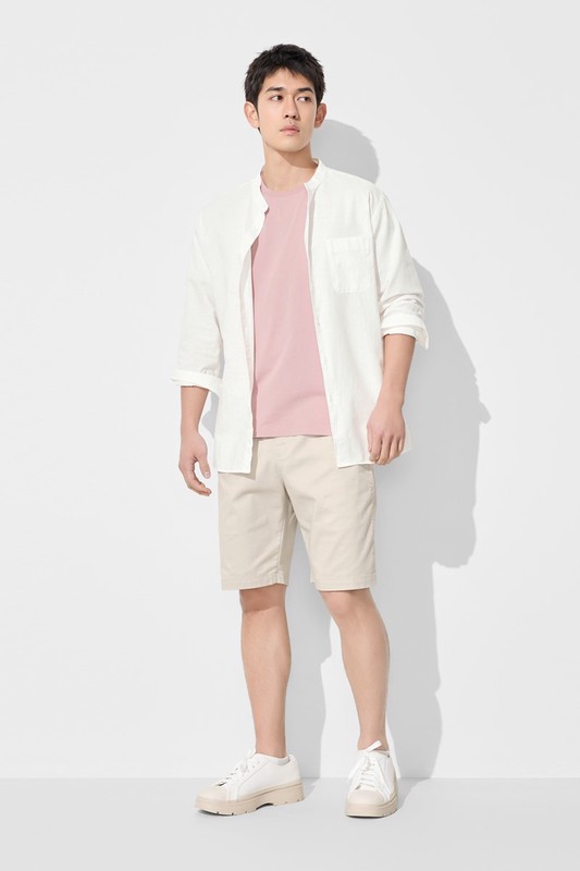 棉麻立領長袖襯衫-男