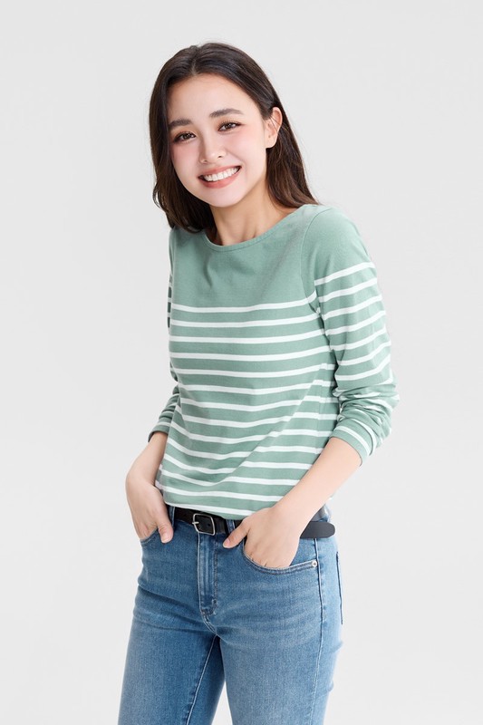 純棉條紋寬領長袖T恤-女