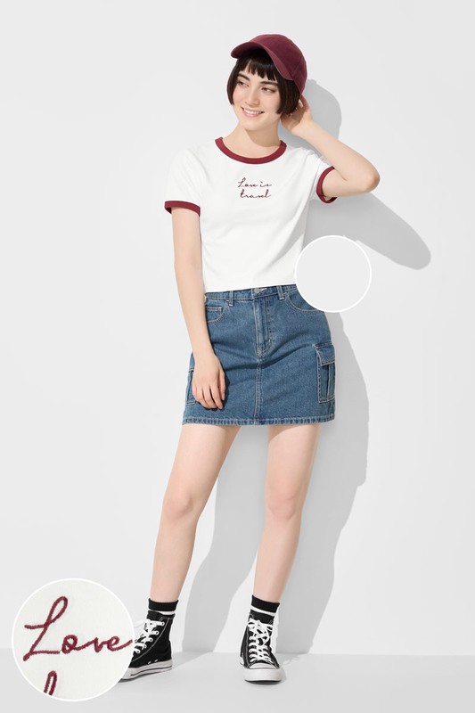 純棉羅紋配色文字電繡T恤-女