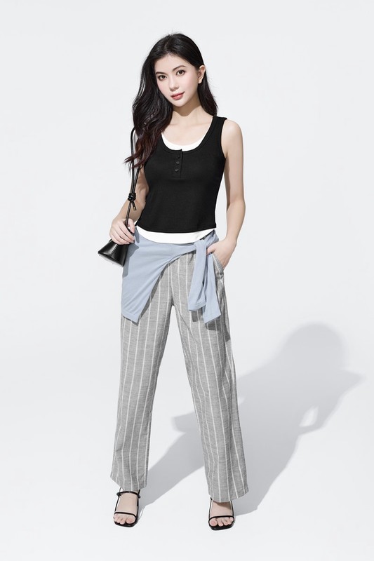 亞麻混紡條紋輕便長褲-女