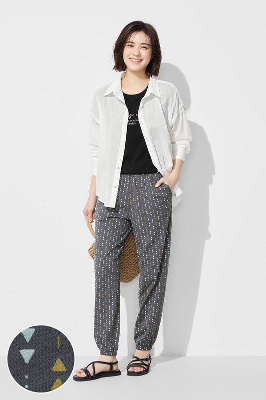 竹節棉印花束口褲-女