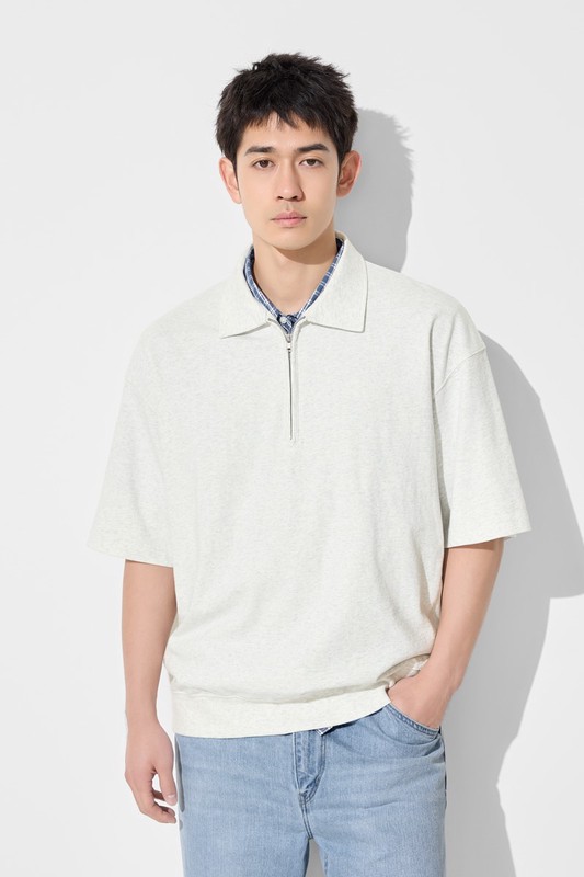 粗紡半開襟五分袖寬版上衣-男