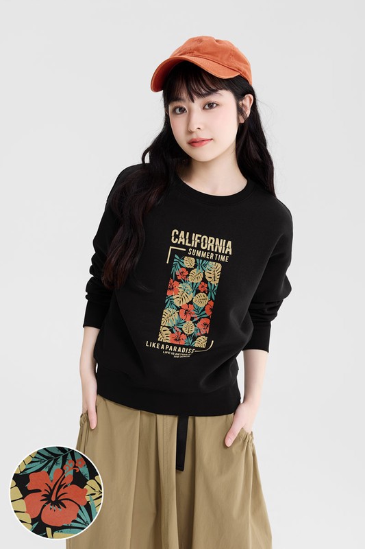 花卉圖框刷毛印花圓領衫-女