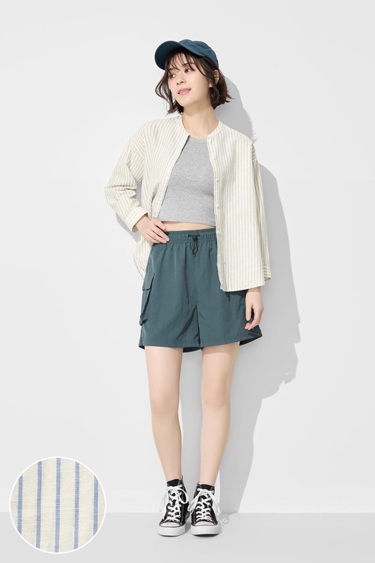 棉麻條紋七分袖襯衫-女