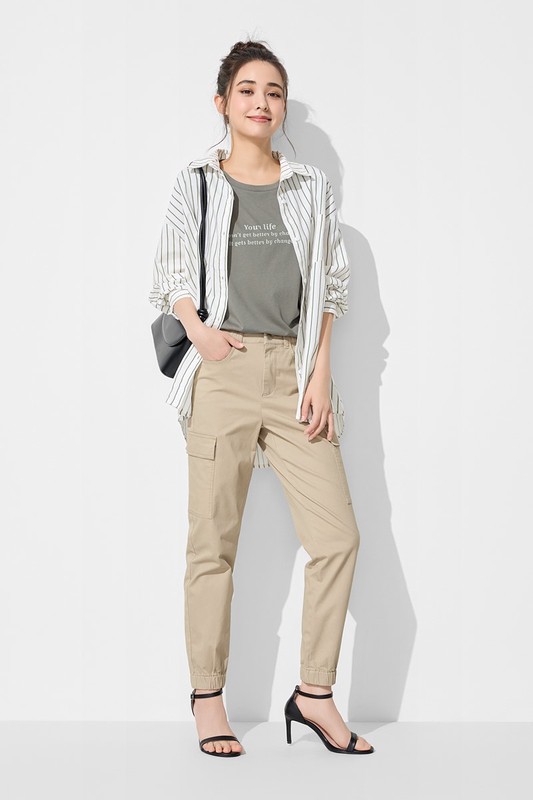 棉質工裝束口褲-女