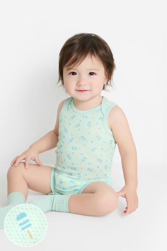 純棉網眼無袖印花包臀衣(2入)-Baby