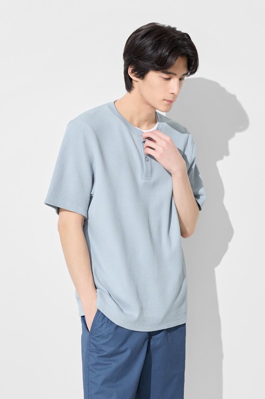 華夫格亨利領寬版T恤-男