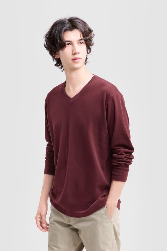 磨毛柔棉V領長袖T恤-男