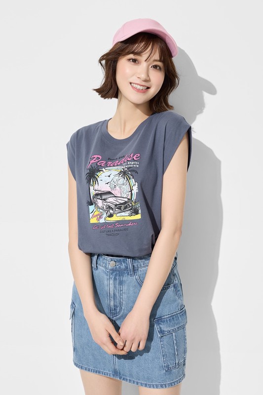 純棉寬版復古美式印花無袖上衣-女