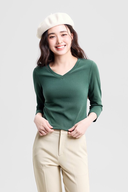 棉質羅紋V領七分袖T恤-女