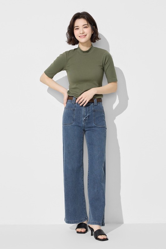 棉質羅紋立領五分袖T恤-女