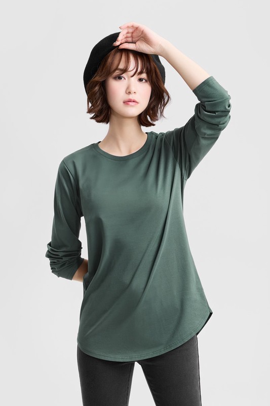 絲光棉寬鬆圓領長版T恤-女