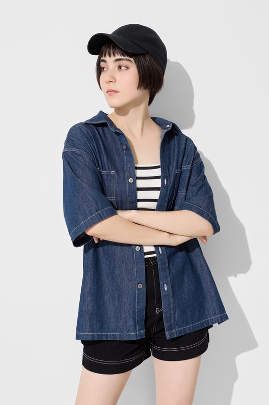 牛仔寬版短袖襯衫-男