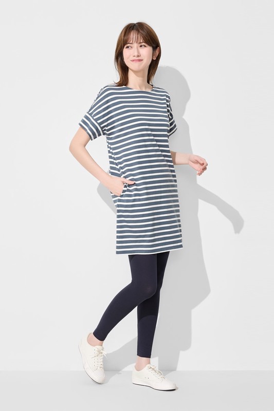 柔滑棉條紋寬鬆洋裝-女