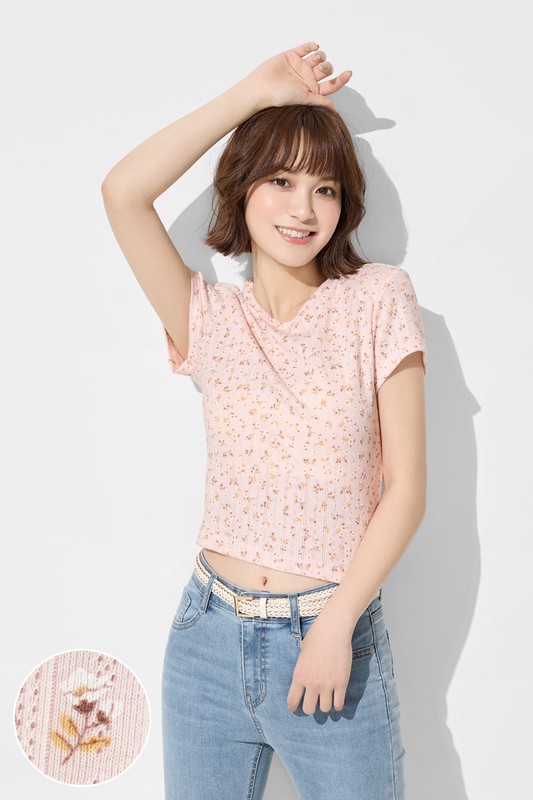 羅紋提花小花短版T恤-女