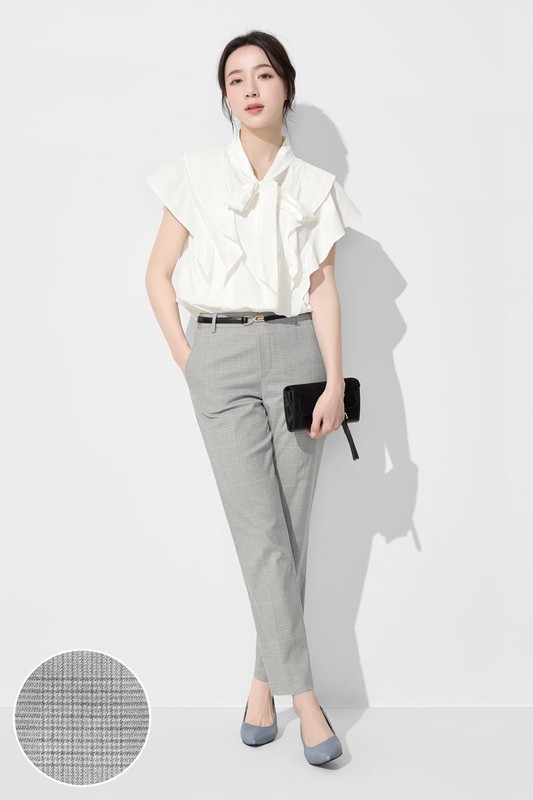 鬆緊腰頭格紋九分褲-女