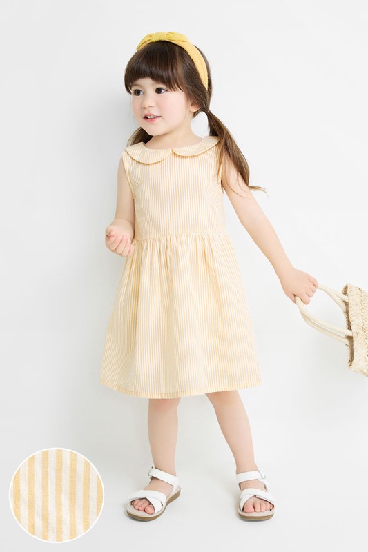 泡泡紗條紋小圓領無袖洋裝-童