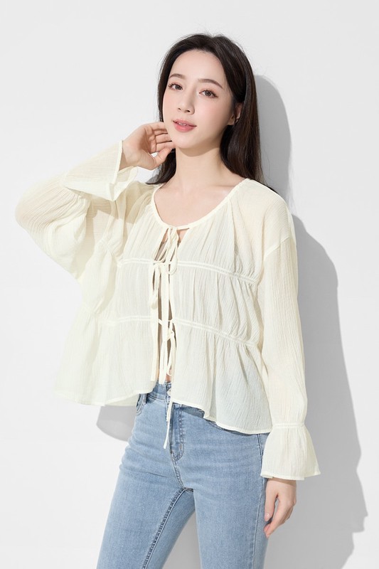透膚細褶短版綁帶上衣-女