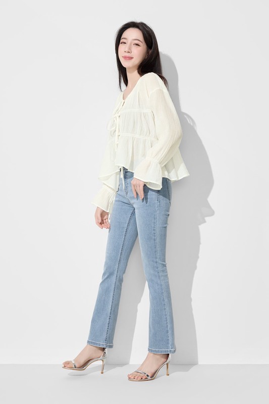 透膚細褶短版綁帶上衣-女