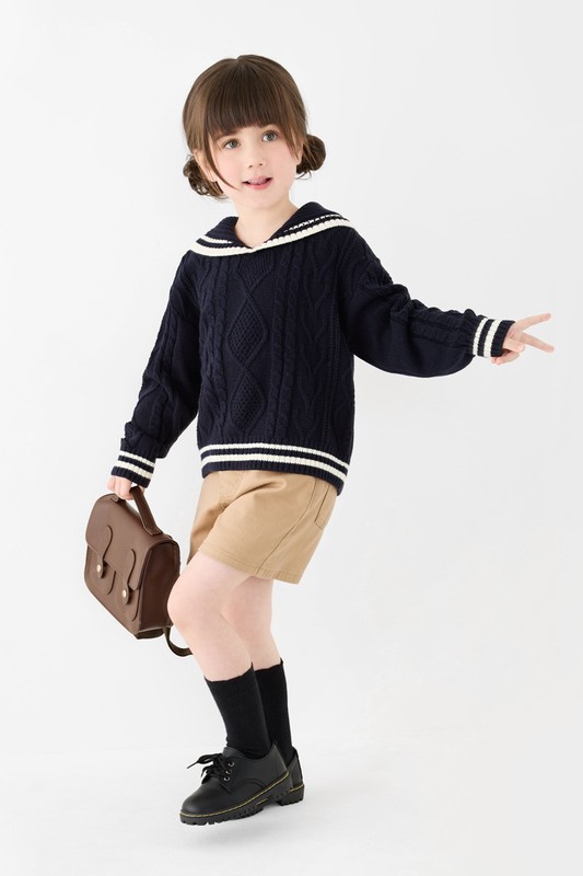 配色翻領麻花毛衣-童