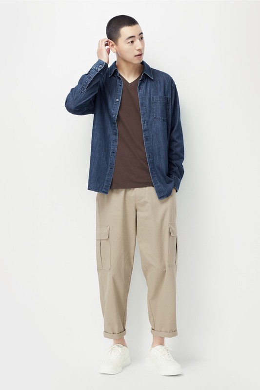 純棉V領長袖T恤-男