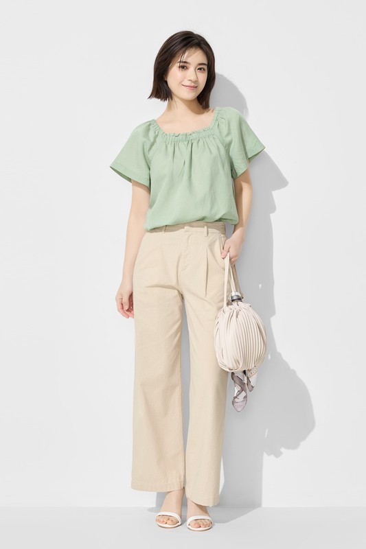 亞麻混紡方領寬版上衣-女