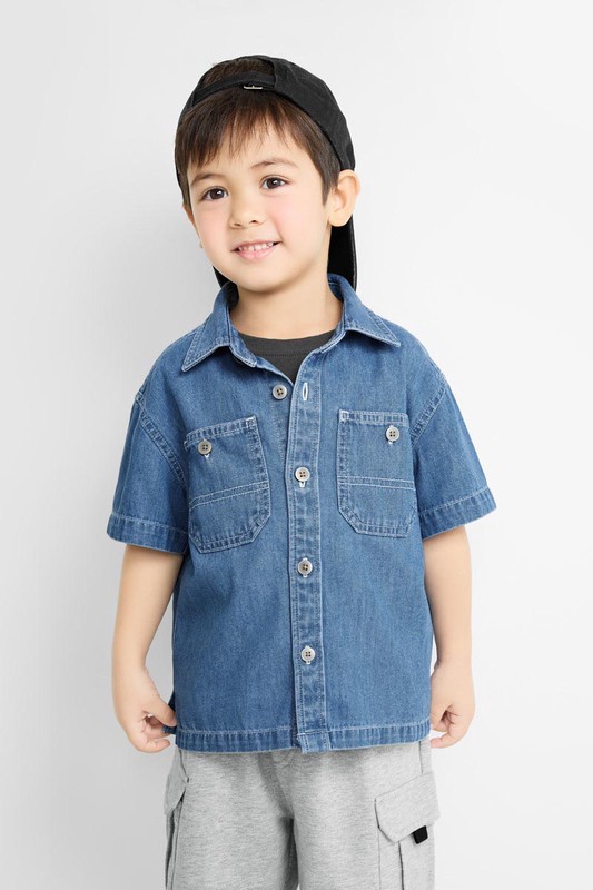 牛仔寬版短袖襯衫-童