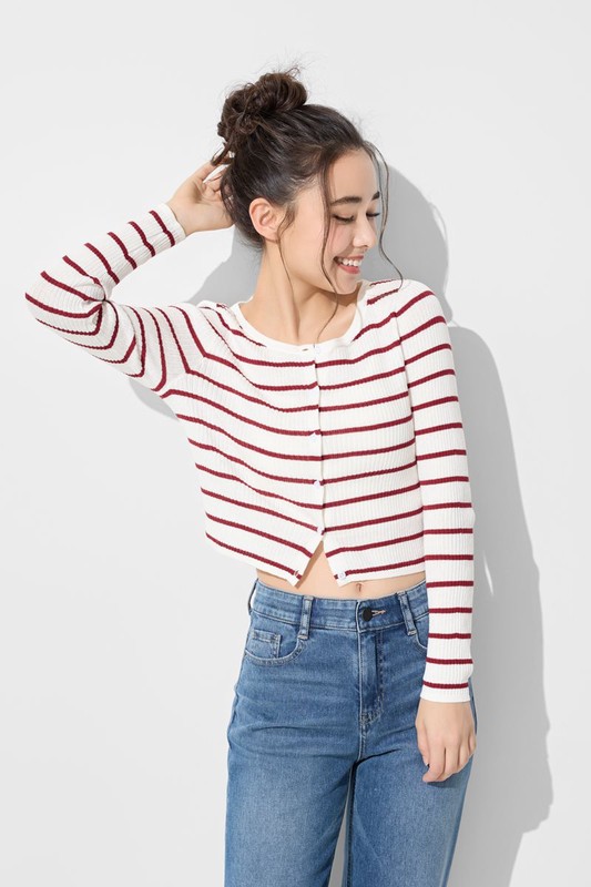 透膚圓領條紋短版針織外套-女