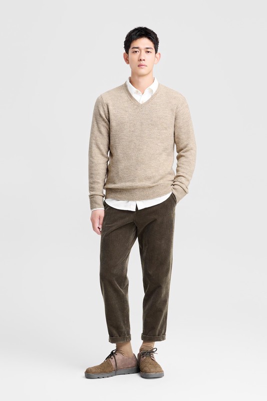 粗針混紡V領毛衣-男