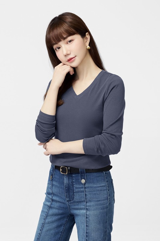 棉質羅紋V領長袖T恤-女