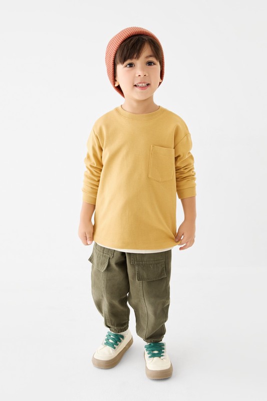 磨毛柔棉寬鬆口袋長袖T恤-童