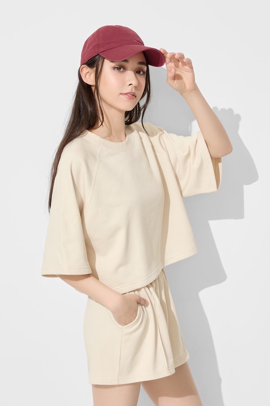 毛圈寬鬆短版五分袖T恤-女