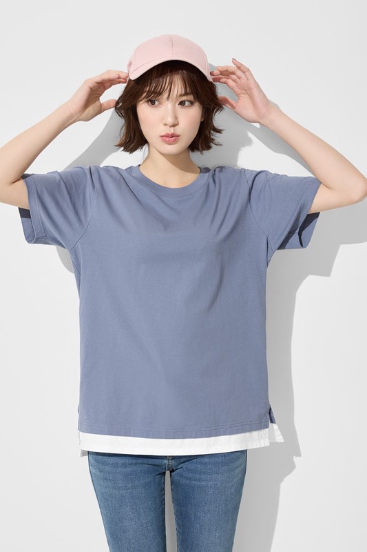 純棉寬版假兩件T恤-女