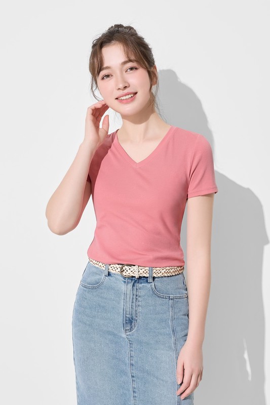 棉質羅紋V領T恤-女