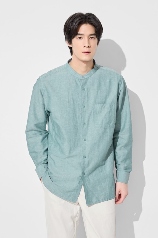 棉麻立領長袖襯衫-男