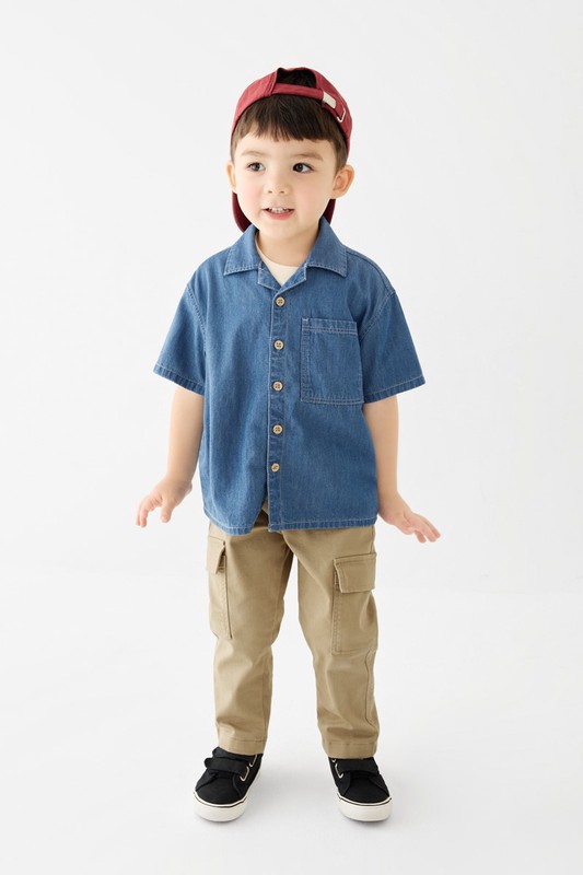 牛仔寬版短袖襯衫-童