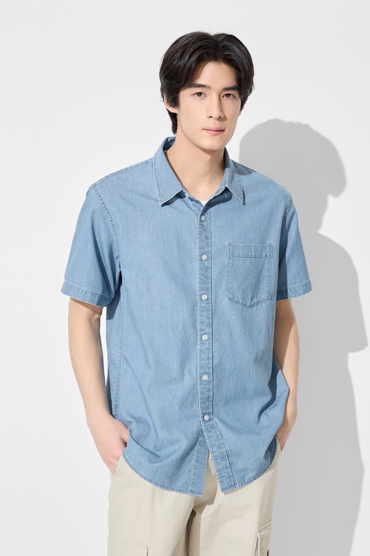 輕型牛仔短袖襯衫-男