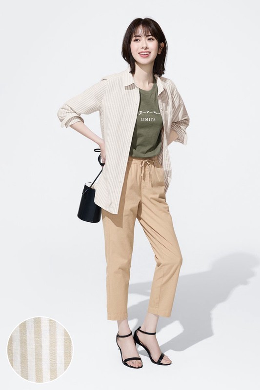 棉麻條紋長版襯衫-女