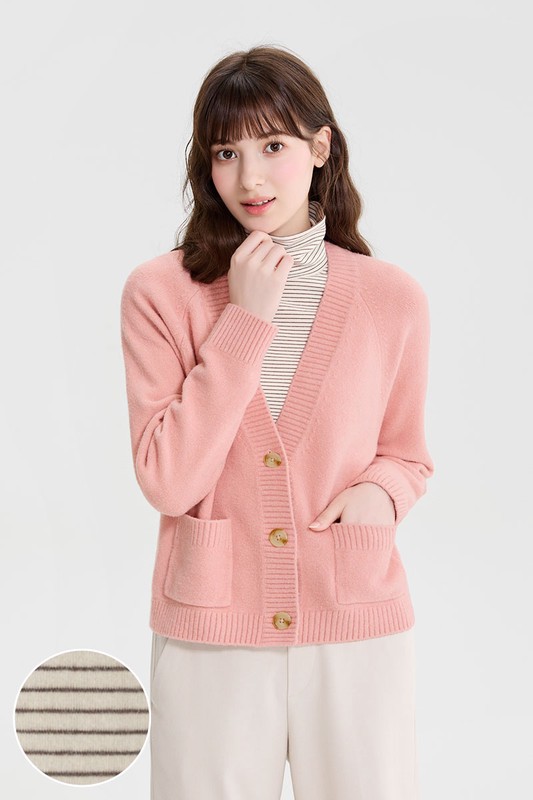 磨毛羅紋條紋高領T恤-女