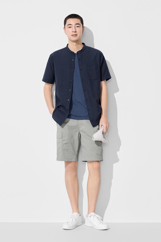 棉麻立領短袖襯衫-男