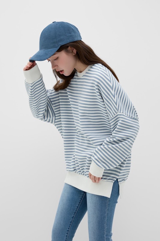 刷毛寬長版條紋圓領衫-女