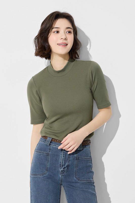 棉質羅紋立領五分袖T恤-女