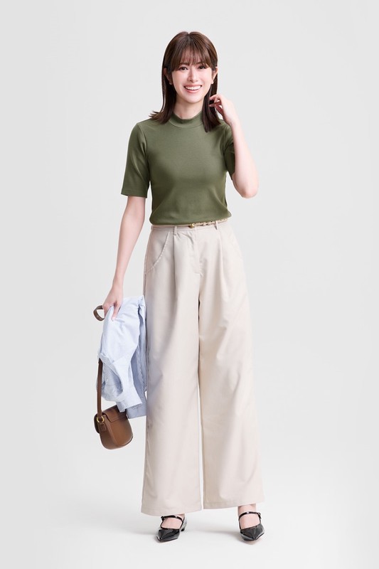 棉質羅紋立領五分袖T恤-女