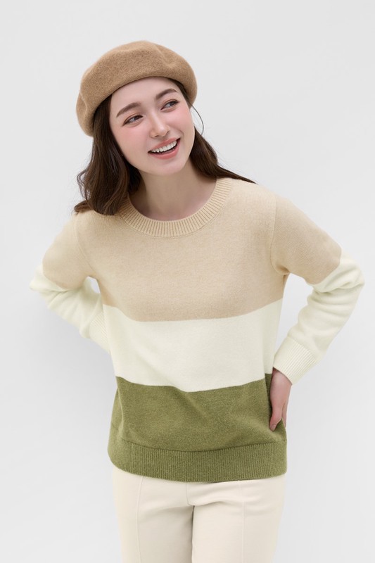 寬版配色圓領毛衣-女