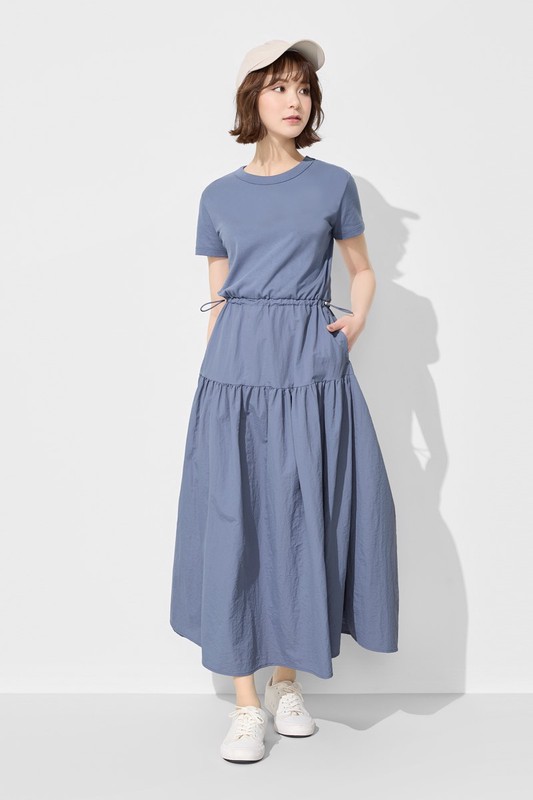 棉質拼接收腰長洋裝-女