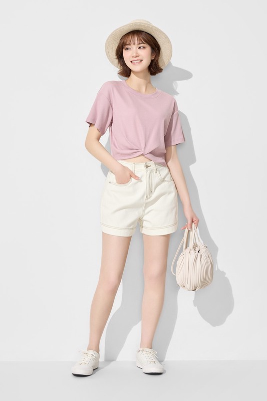 壓線多色高腰牛仔短褲-女