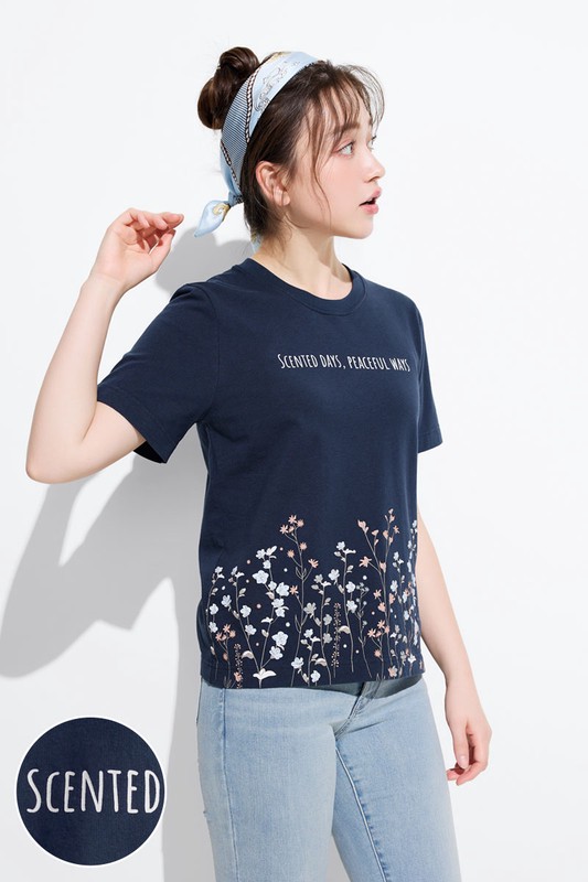 文字花卉厚版印花T恤-女