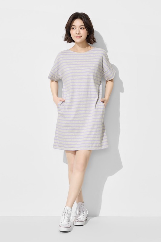 柔滑棉條紋寬鬆洋裝-女